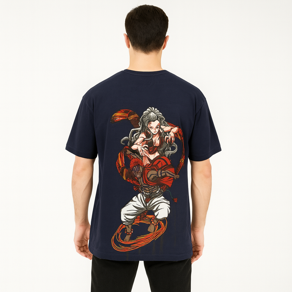 Anime Warrior Duo Graphic T-shirt--Navy Blue